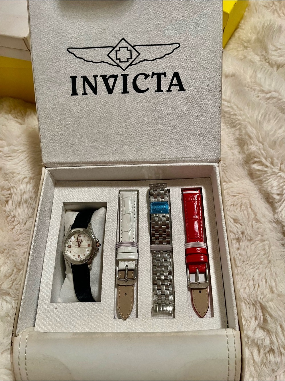Invicta women’s Watch Set with Black, White, Red Straps and Silver Bracelet
